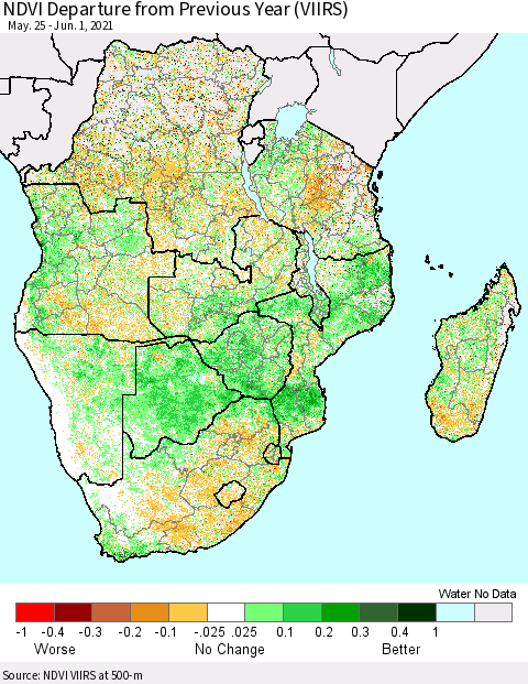 Southern Africa NDVI Departure from Previous Year (VIIRS) Thematic Map For 5/25/2021 - 6/1/2021