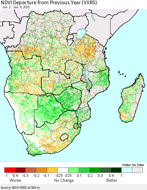 Southern Africa NDVI Departure from Previous Year (VIIRS) Thematic Map For 6/2/2021 - 6/9/2021