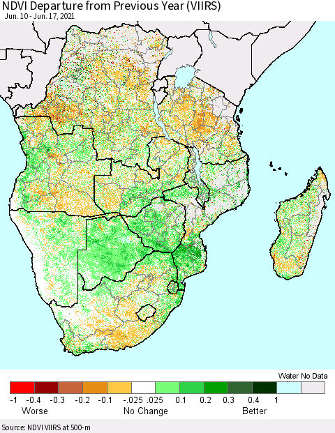 Southern Africa NDVI Departure from Previous Year (VIIRS) Thematic Map For 6/10/2021 - 6/17/2021
