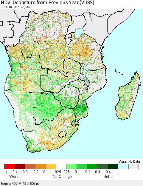 Southern Africa NDVI Departure from Previous Year (VIIRS) Thematic Map For 6/18/2021 - 6/25/2021
