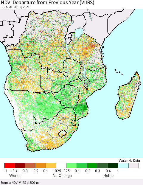 Southern Africa NDVI Departure from Previous Year (VIIRS) Thematic Map For 6/26/2021 - 7/3/2021