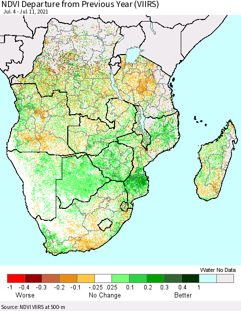 Southern Africa NDVI Departure from Previous Year (VIIRS) Thematic Map For 7/4/2021 - 7/11/2021