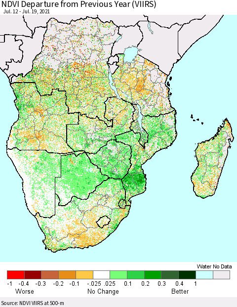 Southern Africa NDVI Departure from Previous Year (VIIRS) Thematic Map For 7/12/2021 - 7/19/2021