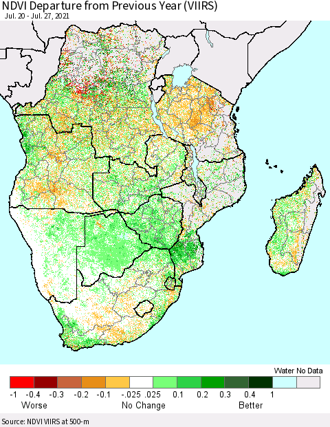 Southern Africa NDVI Departure from Previous Year (VIIRS) Thematic Map For 7/20/2021 - 7/27/2021