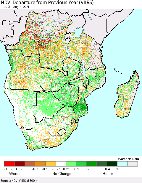 Southern Africa NDVI Departure from Previous Year (VIIRS) Thematic Map For 7/28/2021 - 8/4/2021
