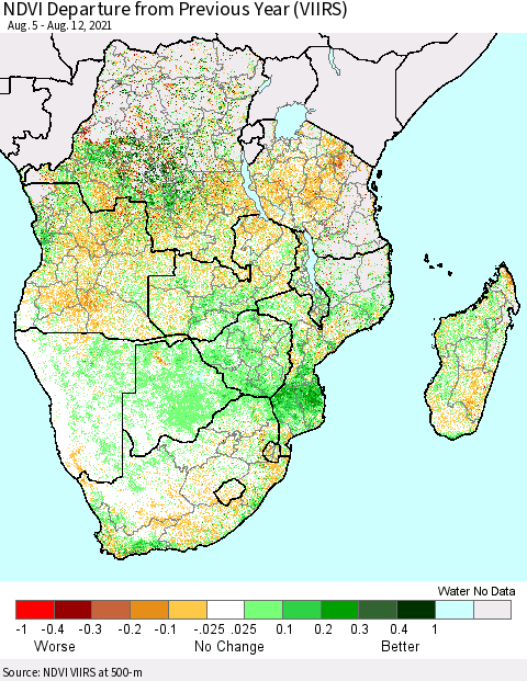 Southern Africa NDVI Departure from Previous Year (VIIRS) Thematic Map For 8/5/2021 - 8/12/2021