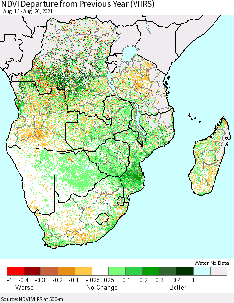 Southern Africa NDVI Departure from Previous Year (VIIRS) Thematic Map For 8/13/2021 - 8/20/2021
