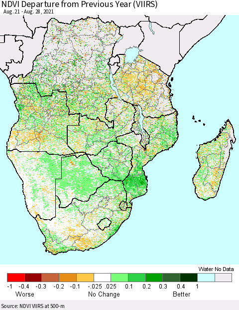 Southern Africa NDVI Departure from Previous Year (VIIRS) Thematic Map For 8/21/2021 - 8/28/2021