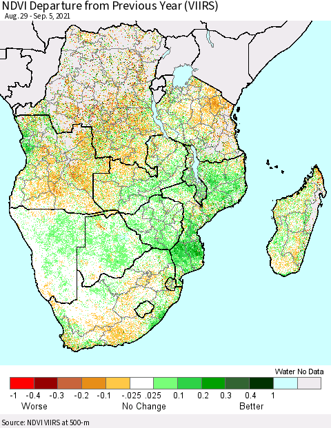 Southern Africa NDVI Departure from Previous Year (VIIRS) Thematic Map For 8/29/2021 - 9/5/2021