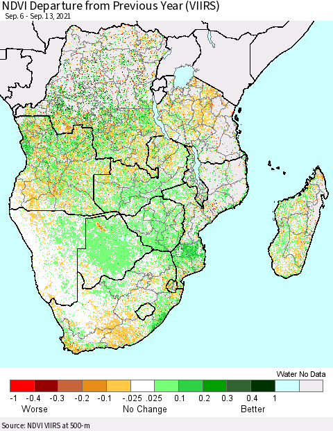 Southern Africa NDVI Departure from Previous Year (VIIRS) Thematic Map For 9/6/2021 - 9/13/2021