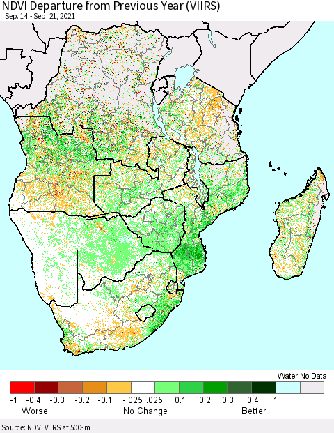 Southern Africa NDVI Departure from Previous Year (VIIRS) Thematic Map For 9/14/2021 - 9/21/2021