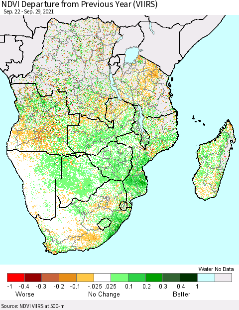 Southern Africa NDVI Departure from Previous Year (VIIRS) Thematic Map For 9/22/2021 - 9/29/2021