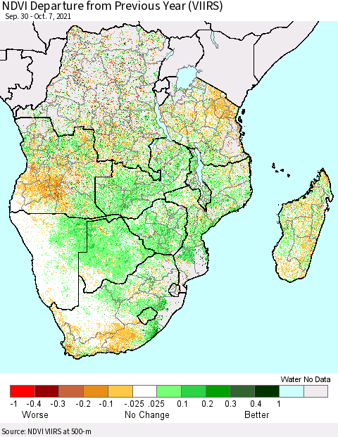 Southern Africa NDVI Departure from Previous Year (VIIRS) Thematic Map For 9/30/2021 - 10/7/2021