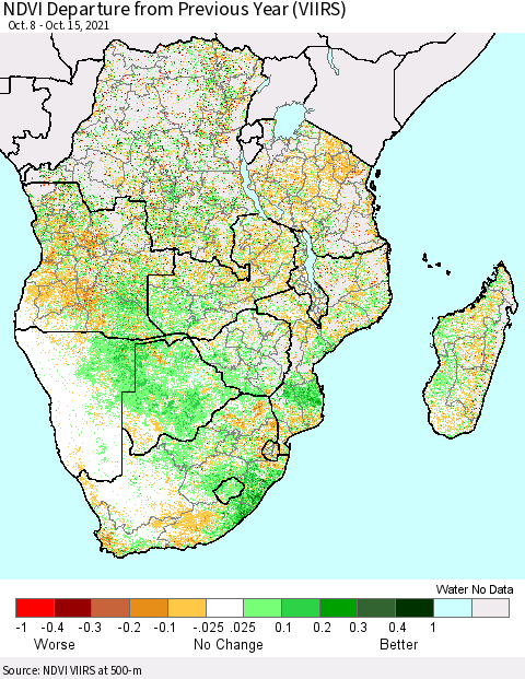 Southern Africa NDVI Departure from Previous Year (VIIRS) Thematic Map For 10/8/2021 - 10/15/2021