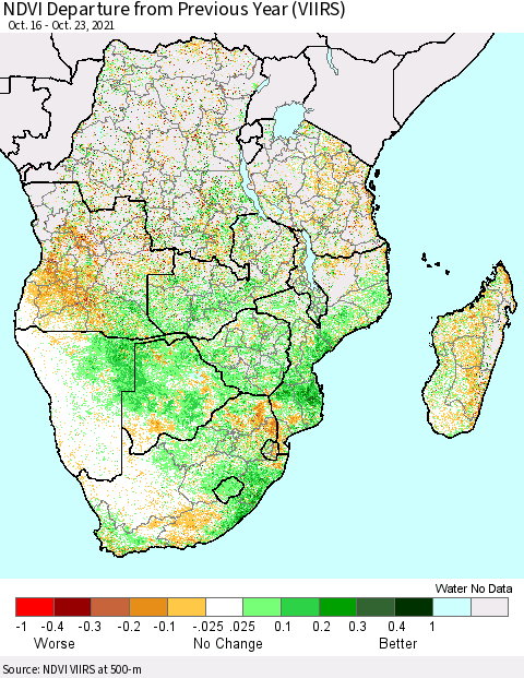 Southern Africa NDVI Departure from Previous Year (VIIRS) Thematic Map For 10/16/2021 - 10/23/2021