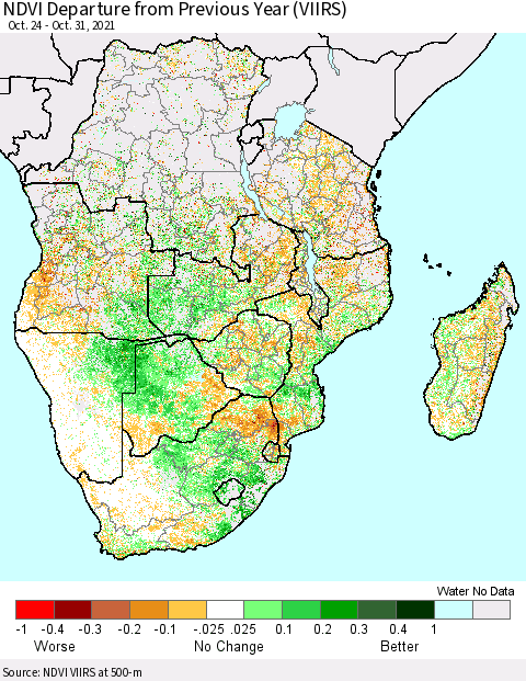 Southern Africa NDVI Departure from Previous Year (VIIRS) Thematic Map For 10/24/2021 - 10/31/2021