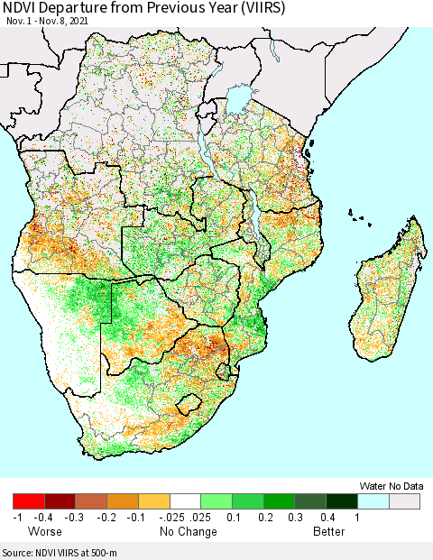 Southern Africa NDVI Departure from Previous Year (VIIRS) Thematic Map For 11/1/2021 - 11/8/2021