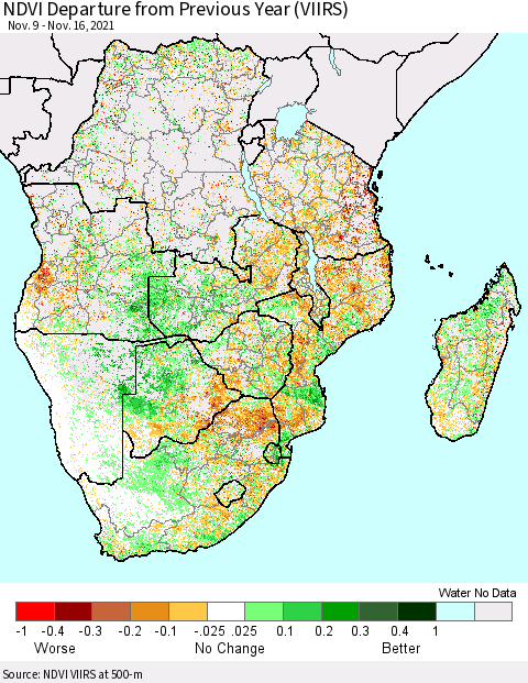 Southern Africa NDVI Departure from Previous Year (VIIRS) Thematic Map For 11/9/2021 - 11/16/2021