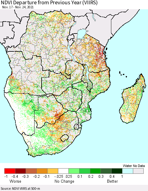 Southern Africa NDVI Departure from Previous Year (VIIRS) Thematic Map For 11/17/2021 - 11/24/2021