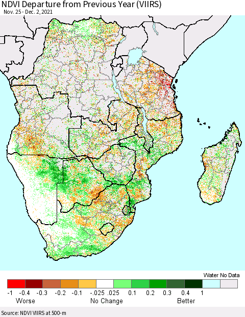 Southern Africa NDVI Departure from Previous Year (VIIRS) Thematic Map For 11/25/2021 - 12/2/2021