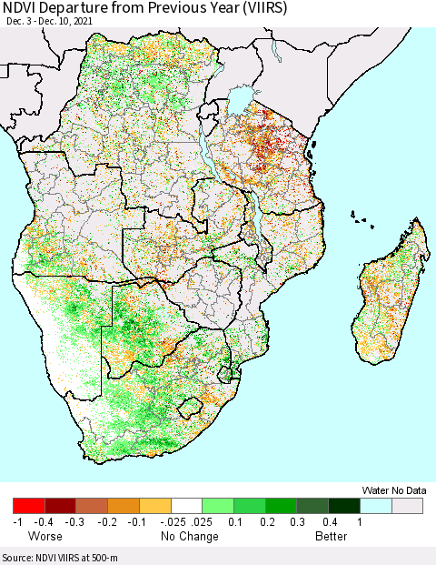 Southern Africa NDVI Departure from Previous Year (VIIRS) Thematic Map For 12/3/2021 - 12/10/2021