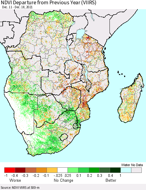 Southern Africa NDVI Departure from Previous Year (VIIRS) Thematic Map For 12/11/2021 - 12/18/2021