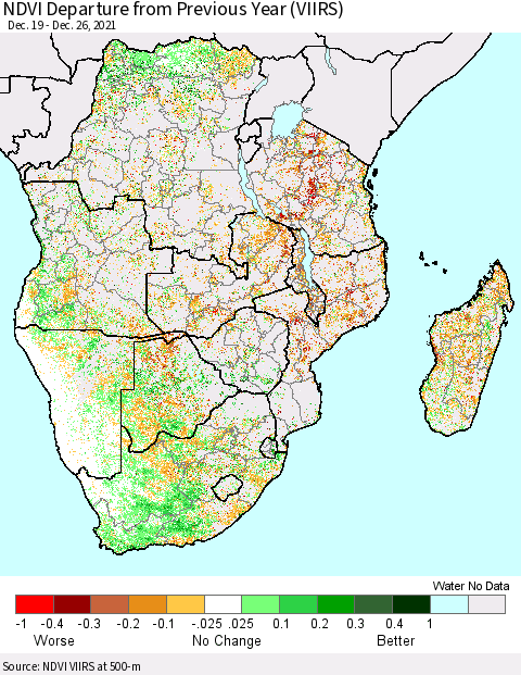 Southern Africa NDVI Departure from Previous Year (VIIRS) Thematic Map For 12/19/2021 - 12/26/2021