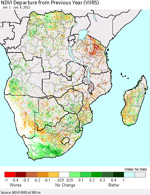 Southern Africa NDVI Departure from Previous Year (VIIRS) Thematic Map For 1/1/2022 - 1/8/2022