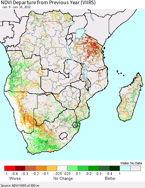 Southern Africa NDVI Departure from Previous Year (VIIRS) Thematic Map For 1/9/2022 - 1/16/2022