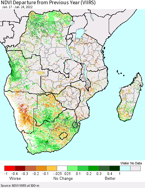 Southern Africa NDVI Departure from Previous Year (VIIRS) Thematic Map For 1/17/2022 - 1/24/2022