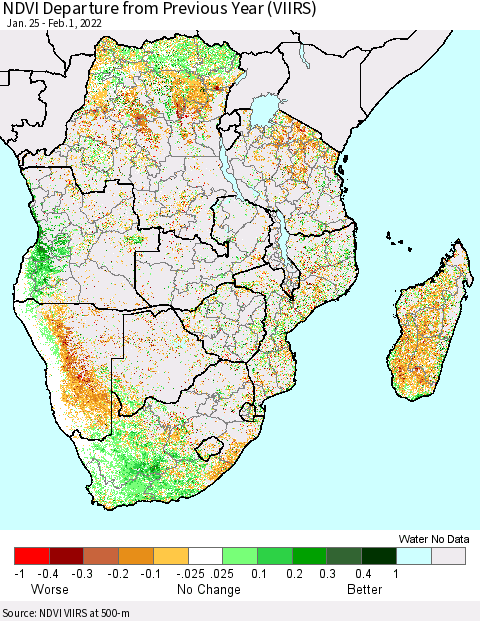 Southern Africa NDVI Departure from Previous Year (VIIRS) Thematic Map For 1/25/2022 - 2/1/2022
