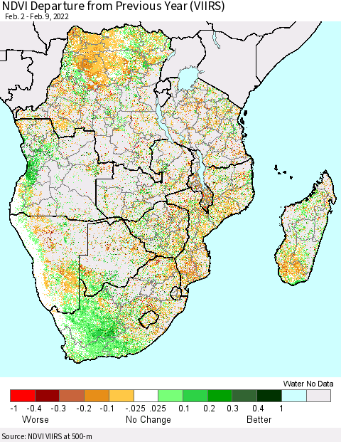 Southern Africa NDVI Departure from Previous Year (VIIRS) Thematic Map For 2/2/2022 - 2/9/2022