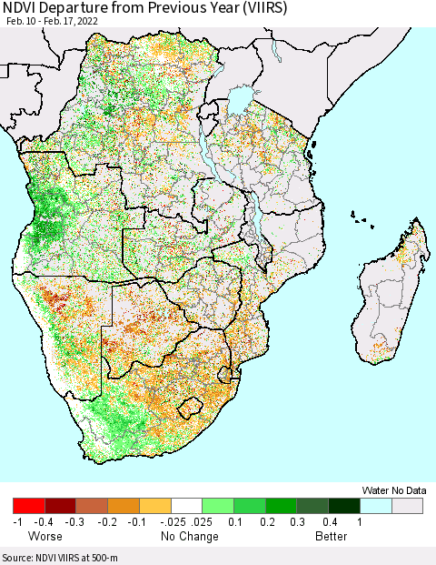 Southern Africa NDVI Departure from Previous Year (VIIRS) Thematic Map For 2/10/2022 - 2/17/2022