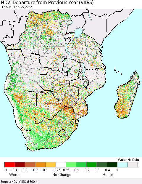 Southern Africa NDVI Departure from Previous Year (VIIRS) Thematic Map For 2/18/2022 - 2/25/2022