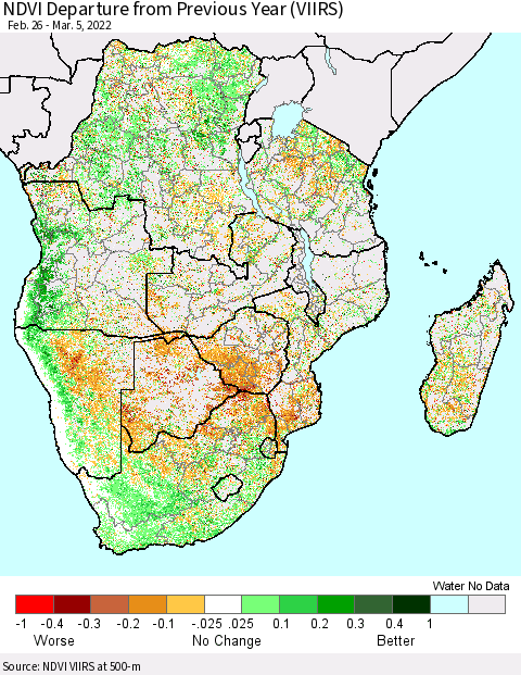 Southern Africa NDVI Departure from Previous Year (VIIRS) Thematic Map For 2/26/2022 - 3/5/2022
