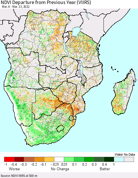 Southern Africa NDVI Departure from Previous Year (VIIRS) Thematic Map For 3/6/2022 - 3/13/2022