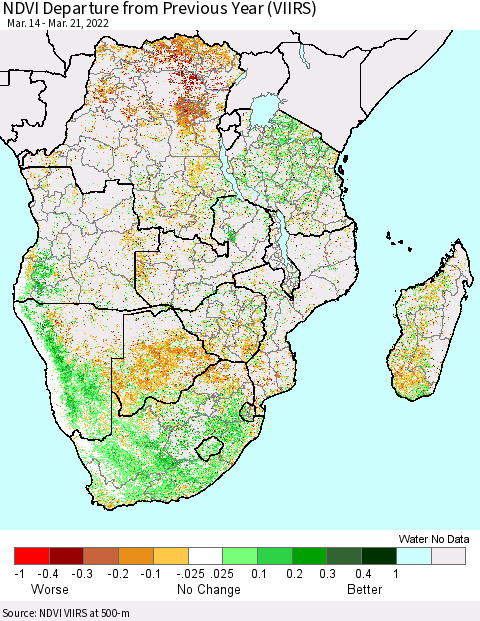 Southern Africa NDVI Departure from Previous Year (VIIRS) Thematic Map For 3/14/2022 - 3/21/2022