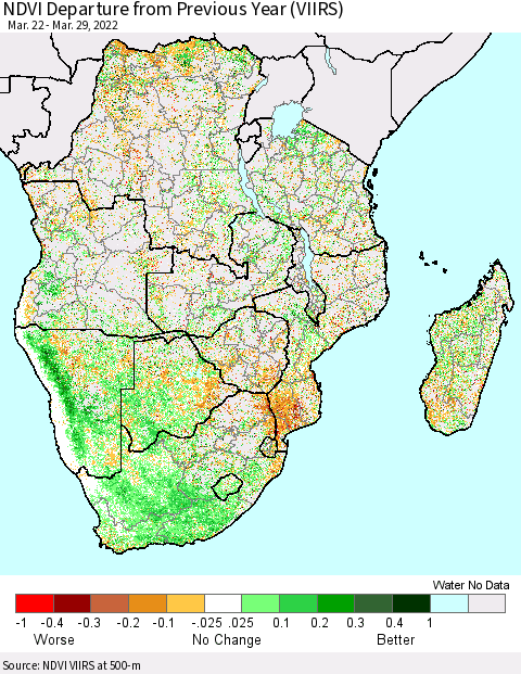 Southern Africa NDVI Departure from Previous Year (VIIRS) Thematic Map For 3/22/2022 - 3/29/2022