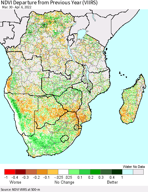 Southern Africa NDVI Departure from Previous Year (VIIRS) Thematic Map For 3/30/2022 - 4/6/2022