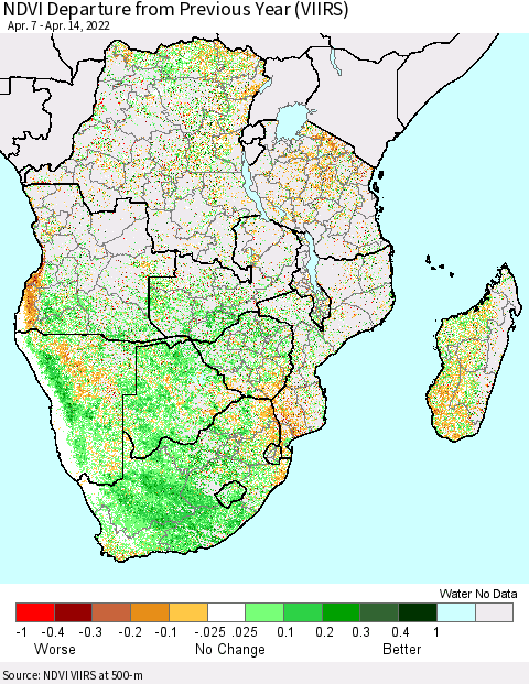 Southern Africa NDVI Departure from Previous Year (VIIRS) Thematic Map For 4/7/2022 - 4/14/2022