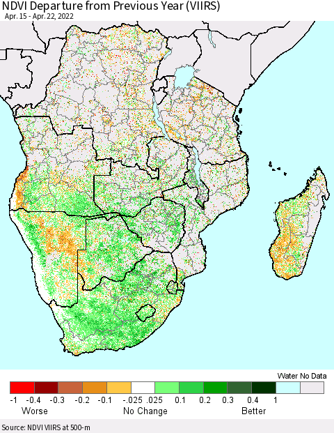Southern Africa NDVI Departure from Previous Year (VIIRS) Thematic Map For 4/15/2022 - 4/22/2022