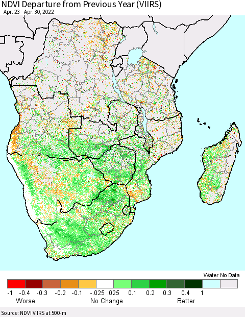 Southern Africa NDVI Departure from Previous Year (VIIRS) Thematic Map For 4/23/2022 - 4/30/2022