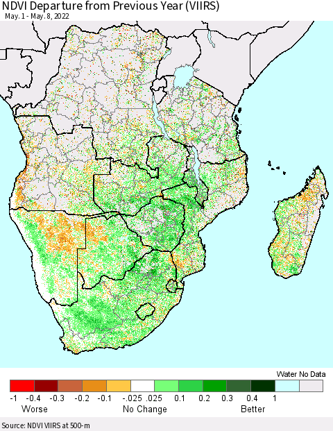 Southern Africa NDVI Departure from Previous Year (VIIRS) Thematic Map For 5/1/2022 - 5/8/2022