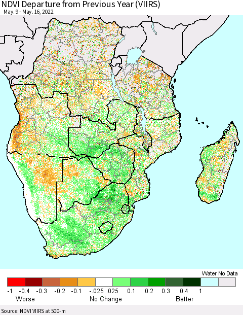 Southern Africa NDVI Departure from Previous Year (VIIRS) Thematic Map For 5/9/2022 - 5/16/2022