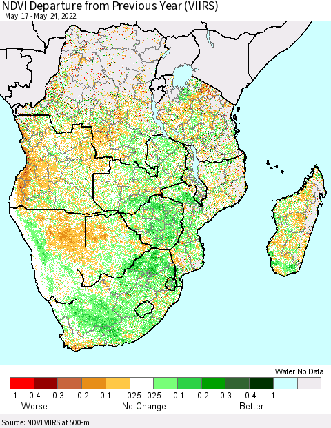 Southern Africa NDVI Departure from Previous Year (VIIRS) Thematic Map For 5/17/2022 - 5/24/2022