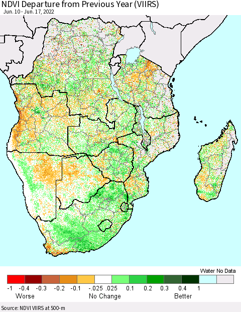 Southern Africa NDVI Departure from Previous Year (VIIRS) Thematic Map For 6/10/2022 - 6/17/2022