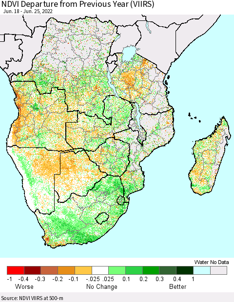 Southern Africa NDVI Departure from Previous Year (VIIRS) Thematic Map For 6/18/2022 - 6/25/2022