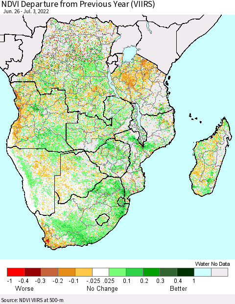 Southern Africa NDVI Departure from Previous Year (VIIRS) Thematic Map For 6/26/2022 - 7/3/2022