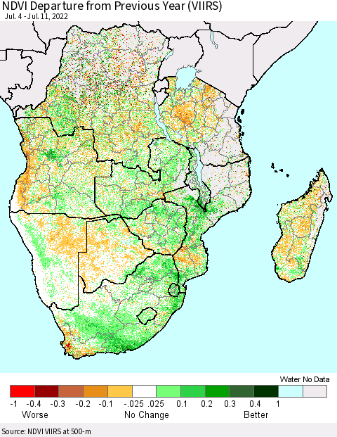 Southern Africa NDVI Departure from Previous Year (VIIRS) Thematic Map For 7/4/2022 - 7/11/2022