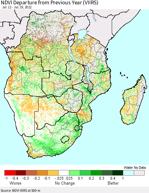 Southern Africa NDVI Departure from Previous Year (VIIRS) Thematic Map For 7/12/2022 - 7/19/2022